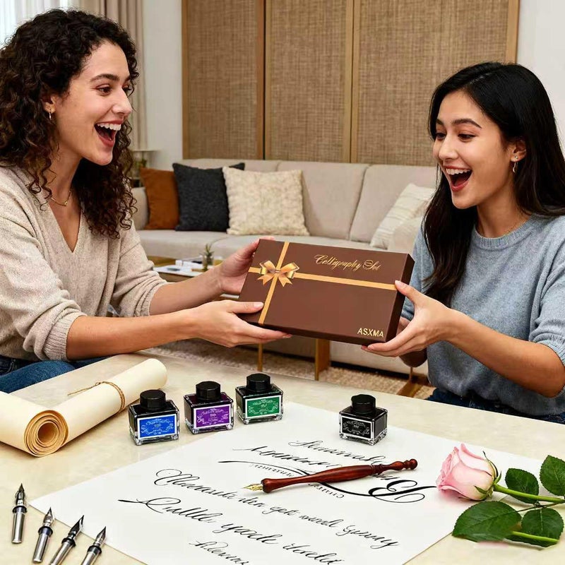 ASXMA Calligraphy Pen Set â€“ Includes Wooden Dip Pen, Antique Brass Holder, 11 Nibs, 4 Colors Ink Bottles and Beginner's Manual-for Beginners and Calligraphy Lovers - Image 2